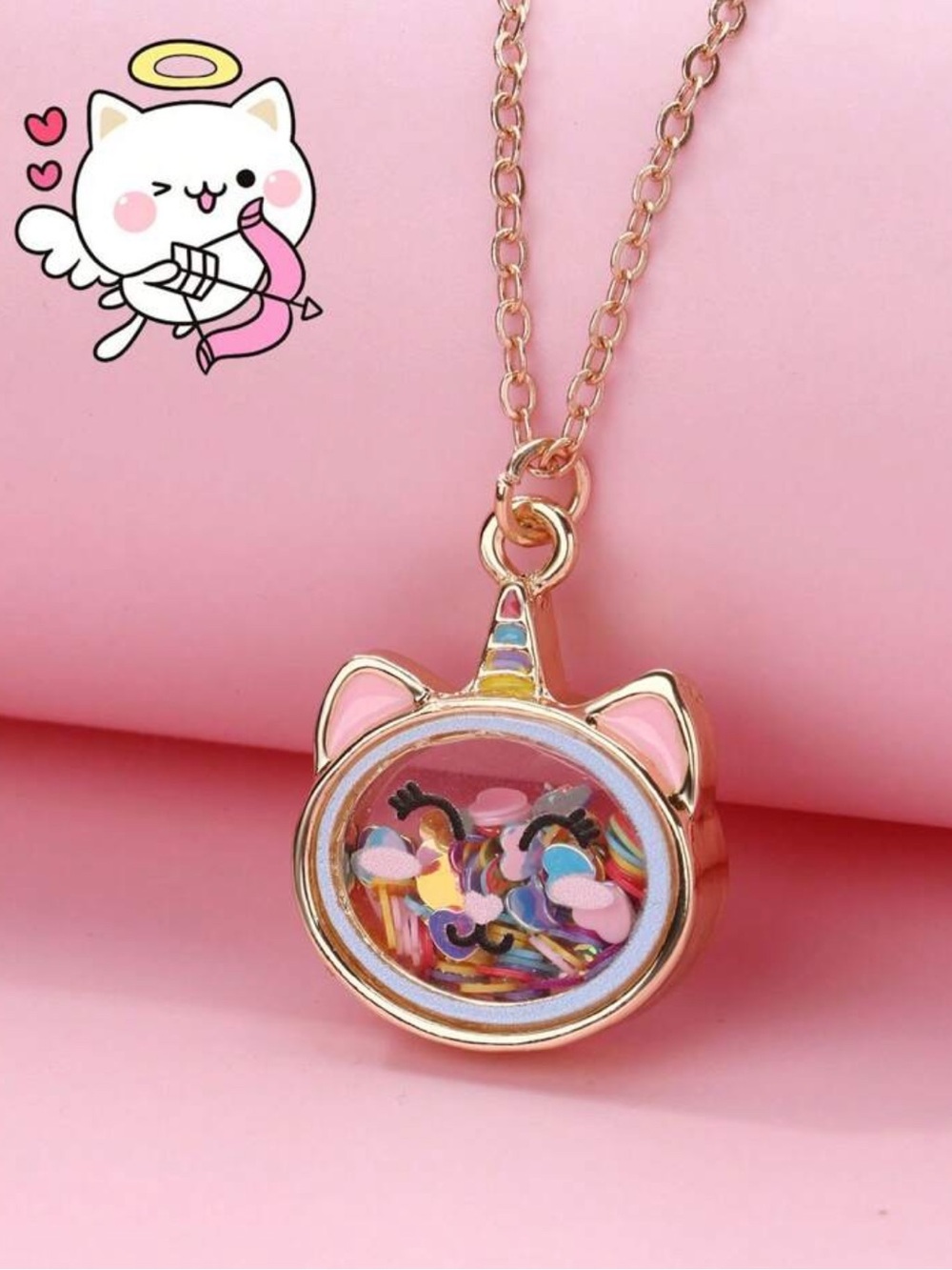 Gold Unicorn Cat Shaker Pendant Necklace - Pink Accents